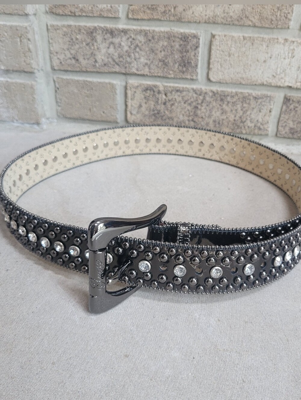 GUESS Y2K Black Leather Crystal Rhinestone Studded Belt Silver Buckle